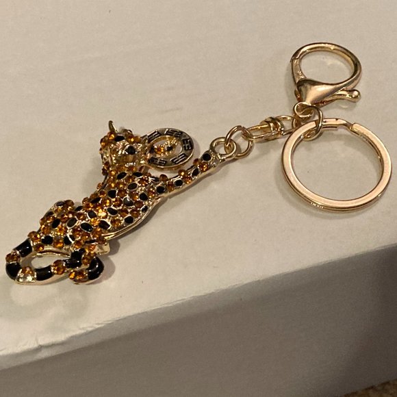EFFY Accessories - VTG 1990's EFFY LEOPARD-Gold Plated Crystals & Enamel Keychain/Bag Clip-5"-NEW